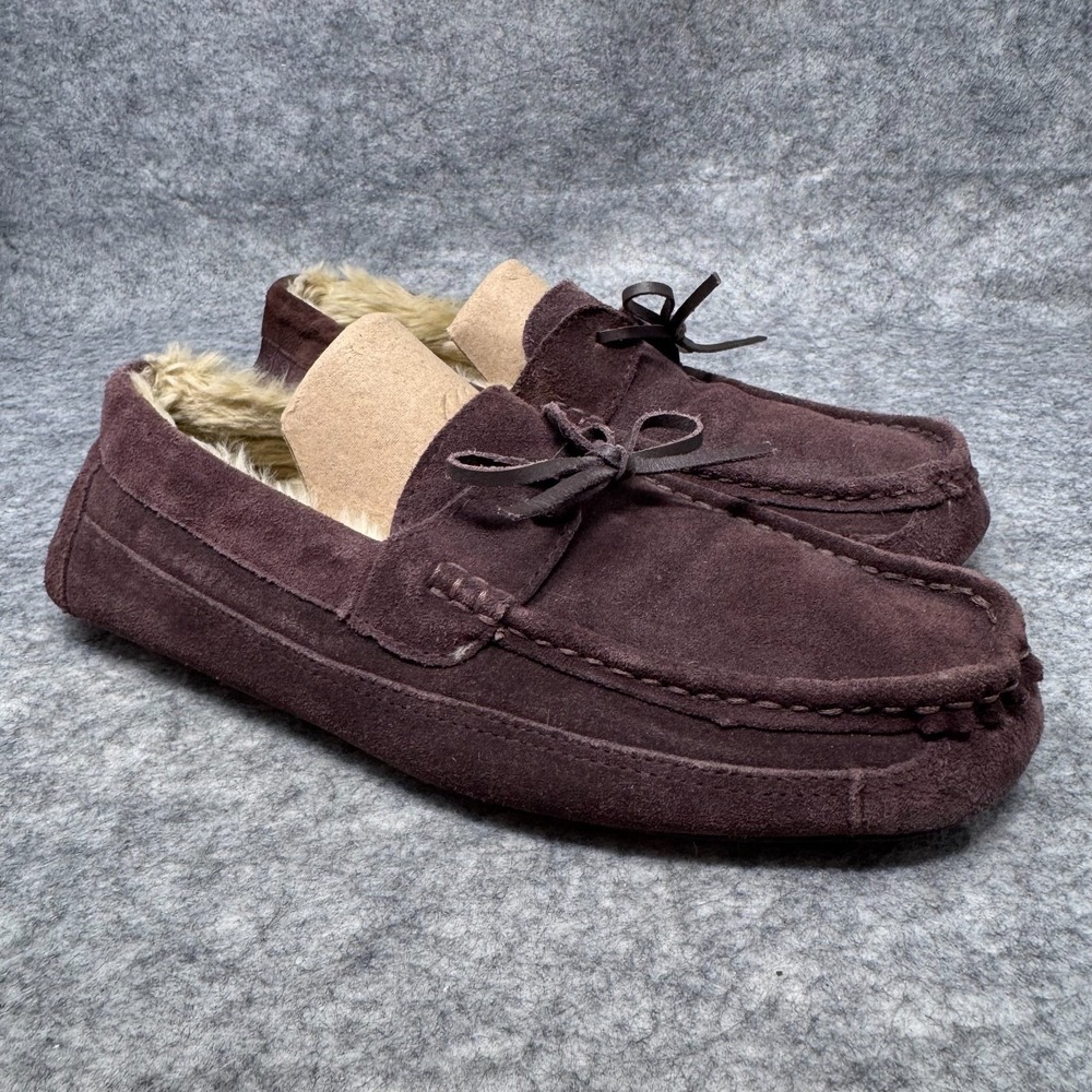 Eddie Bauer Fur Lined Brown Suede Moccasin Slippers Mens L 9.5-10.5 Cabincore